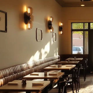 Restaurant dining area with banquette seating and wooden tables.