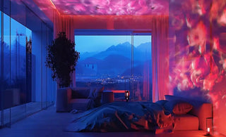 Bedroom bathed in vibrant pink and blue lighting.