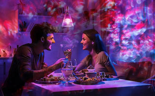 A romantic dinner date with cocktails and mood lighting.