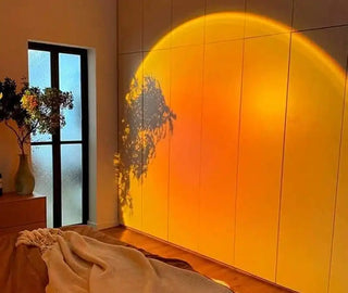 Bright yellow sunset-style light projection on a wall casting plant shadows.